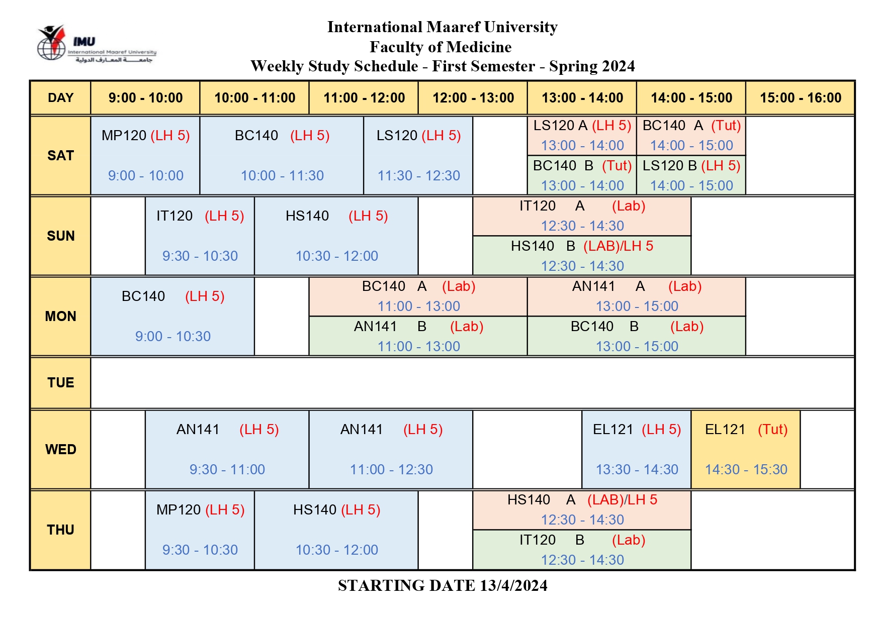 Weekly Study Schedule -  First Semester - Spring 2024