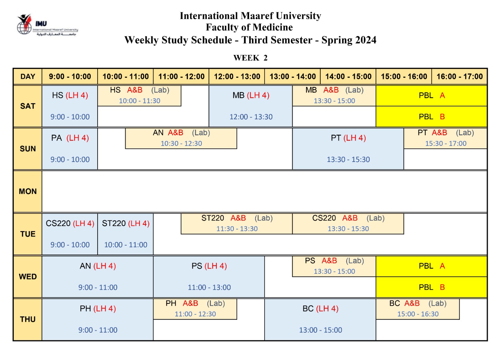 Weekly Study Schedule -Third Semester - Spring 2024 - Week 2