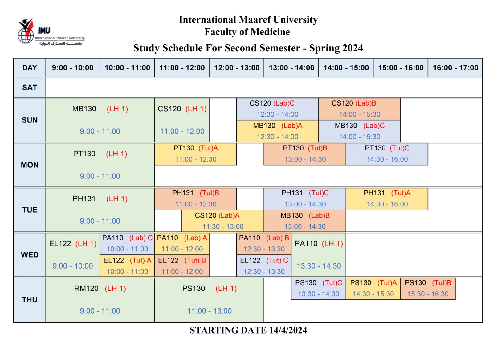 Weekly Study Schedule -  Second Semester - Spring 2024