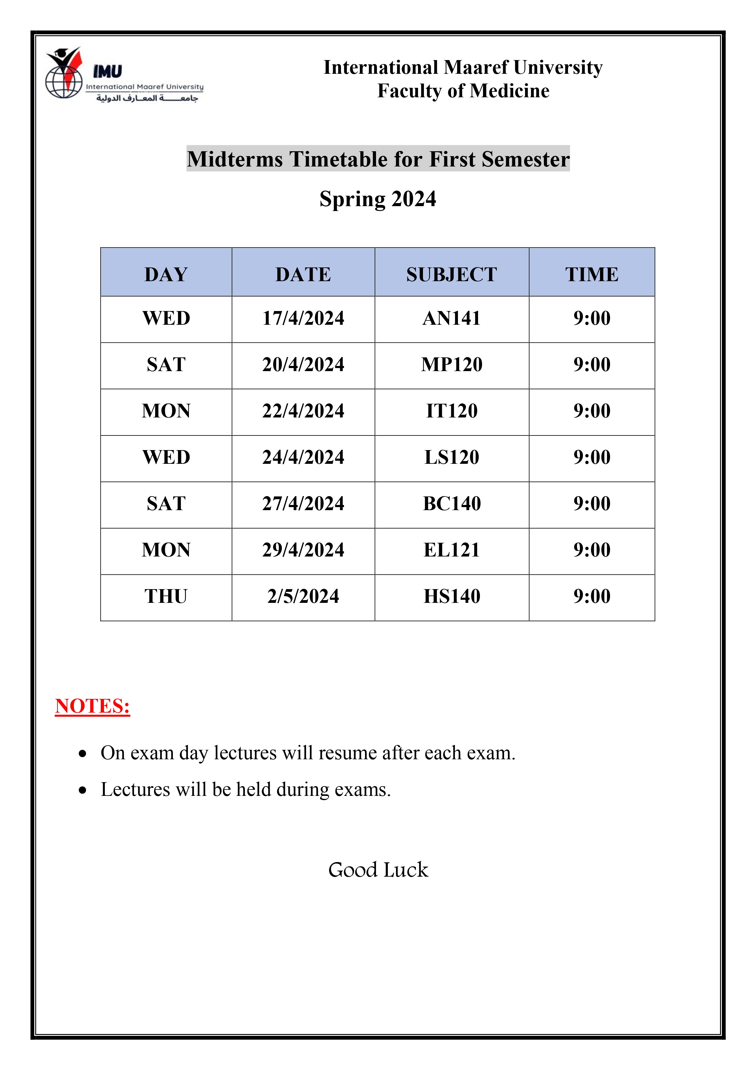 Midterms Timetable for First Semester - Spring 2024