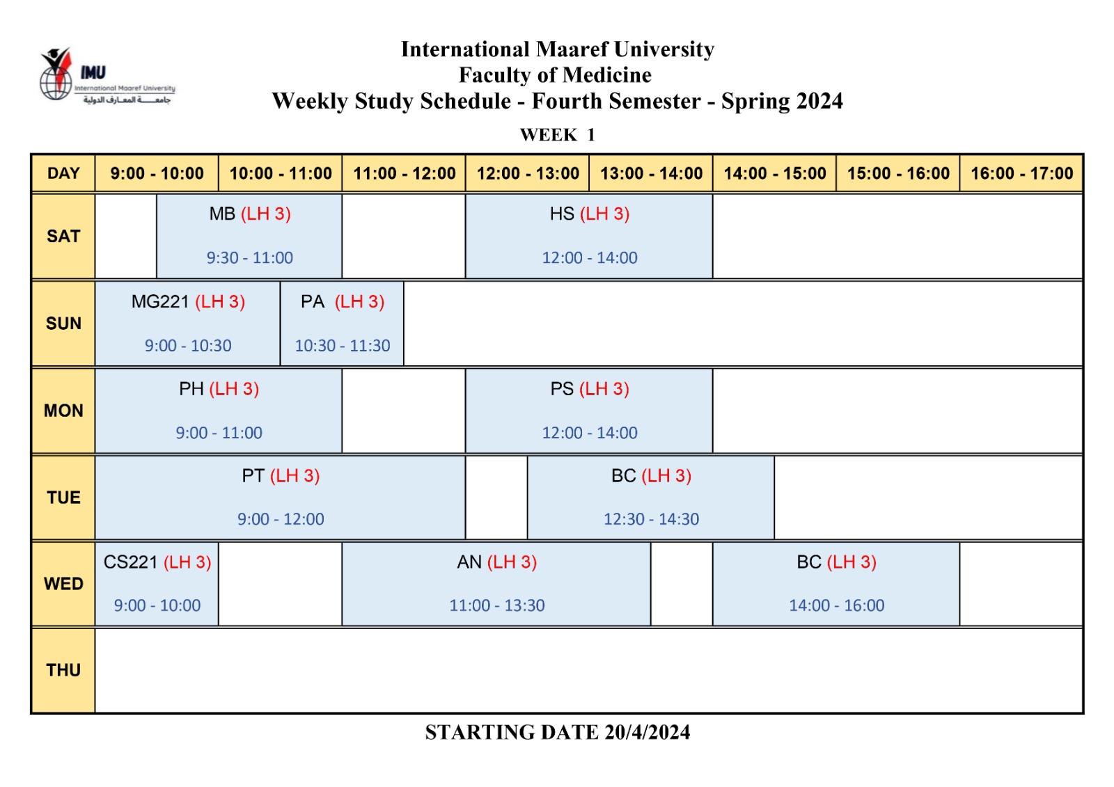 Weekly Study Schedule - forth Semester - Spring 2024 - Week1