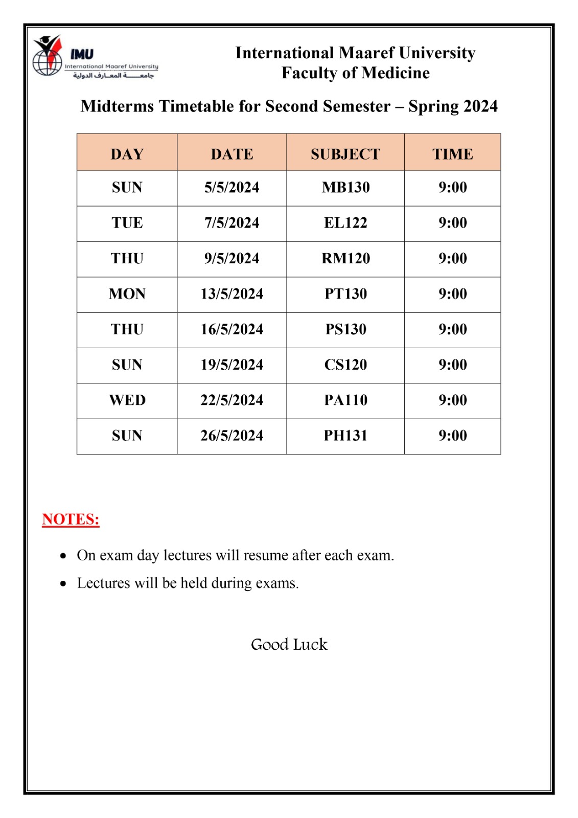 Midterms Timetable for Second Semester – Spring 2024